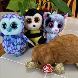 Ty Beanie Boo’s Plush Toy lot cat Lindi, platypus Perry, Bee Buzby, owl Oscar